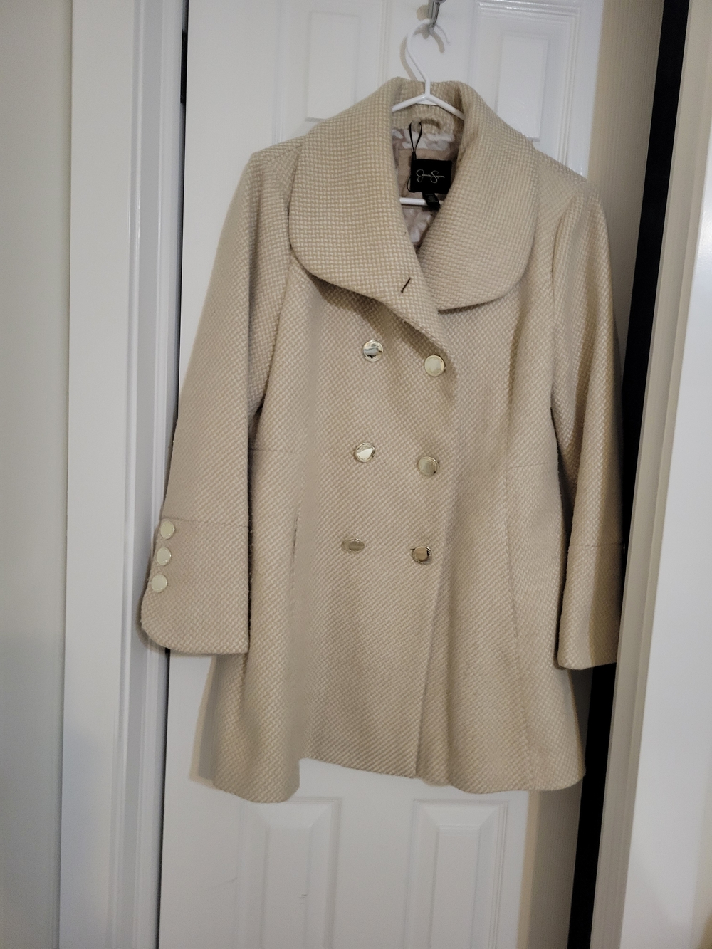 Jessica Simpson Cream Textured Double-Breasted Pea Coat Side L